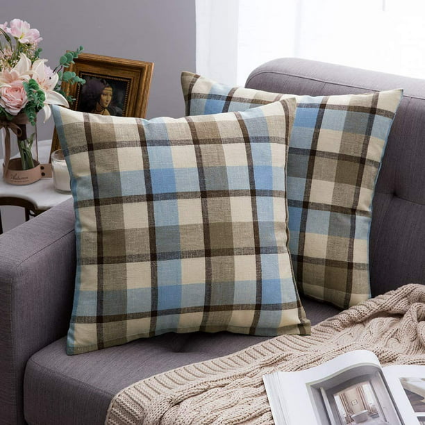 MIULEE Pack of 2 Decorative Throw Pillow Covers Checkered Plaids Tartan Linen Rustic Farmhouse Square Cushion Case for Bench Sofa Couch Car Bedroom Blue 18x18 inch 45x45 cm 